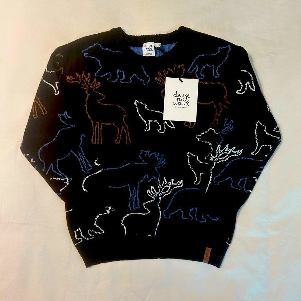 NWT Deux Par Deux Sweater Intarsia with Animal Forest Black Size 8